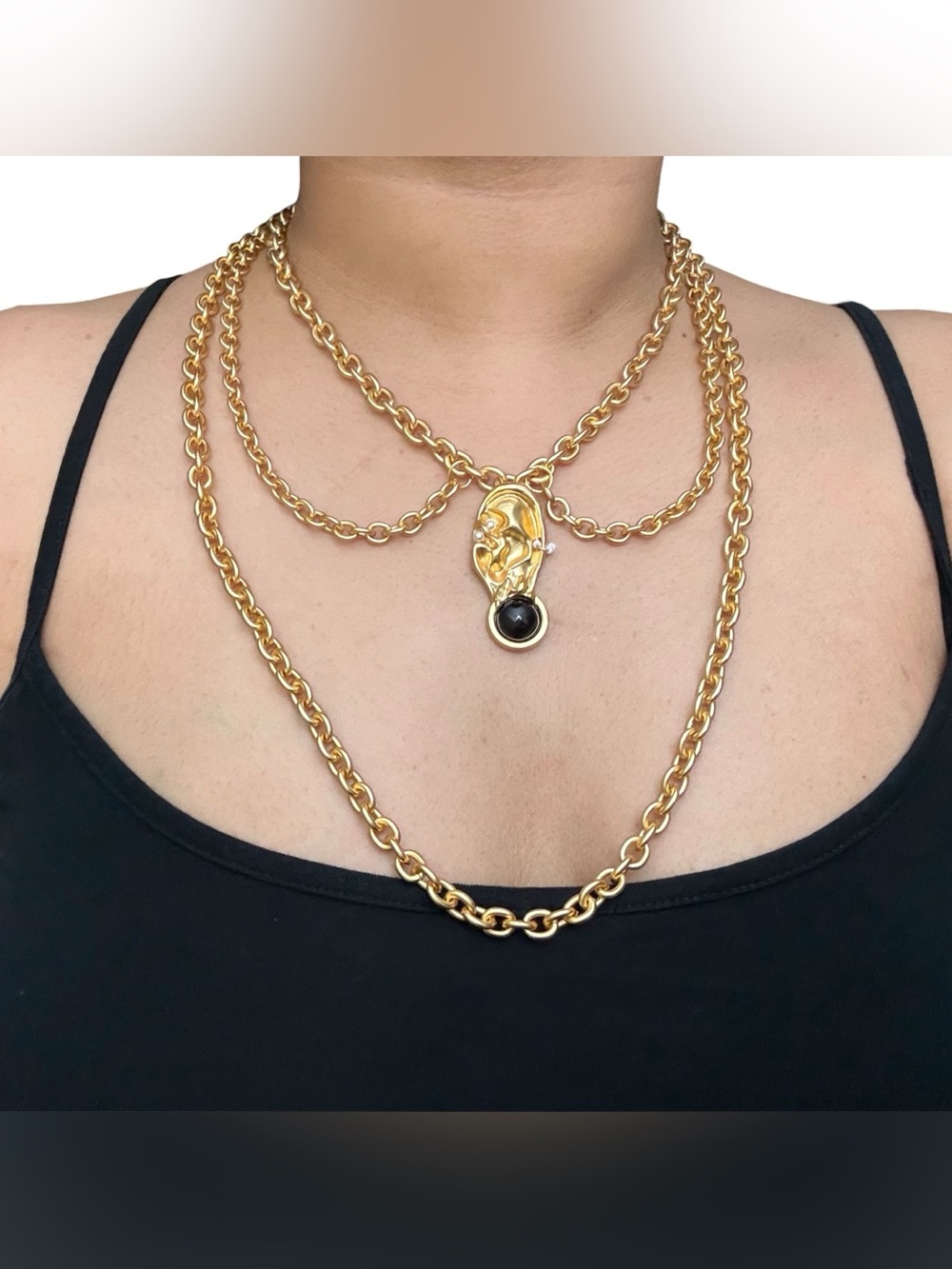 Schiaparelli Inspired Gold-Tone Layered Chain Necklace with Pendant